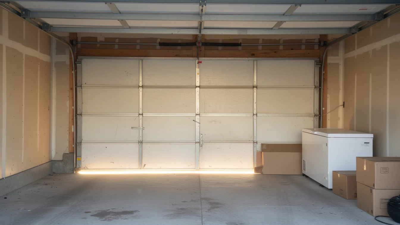 The garage door is closed with a gap at the bottom, letting in light.