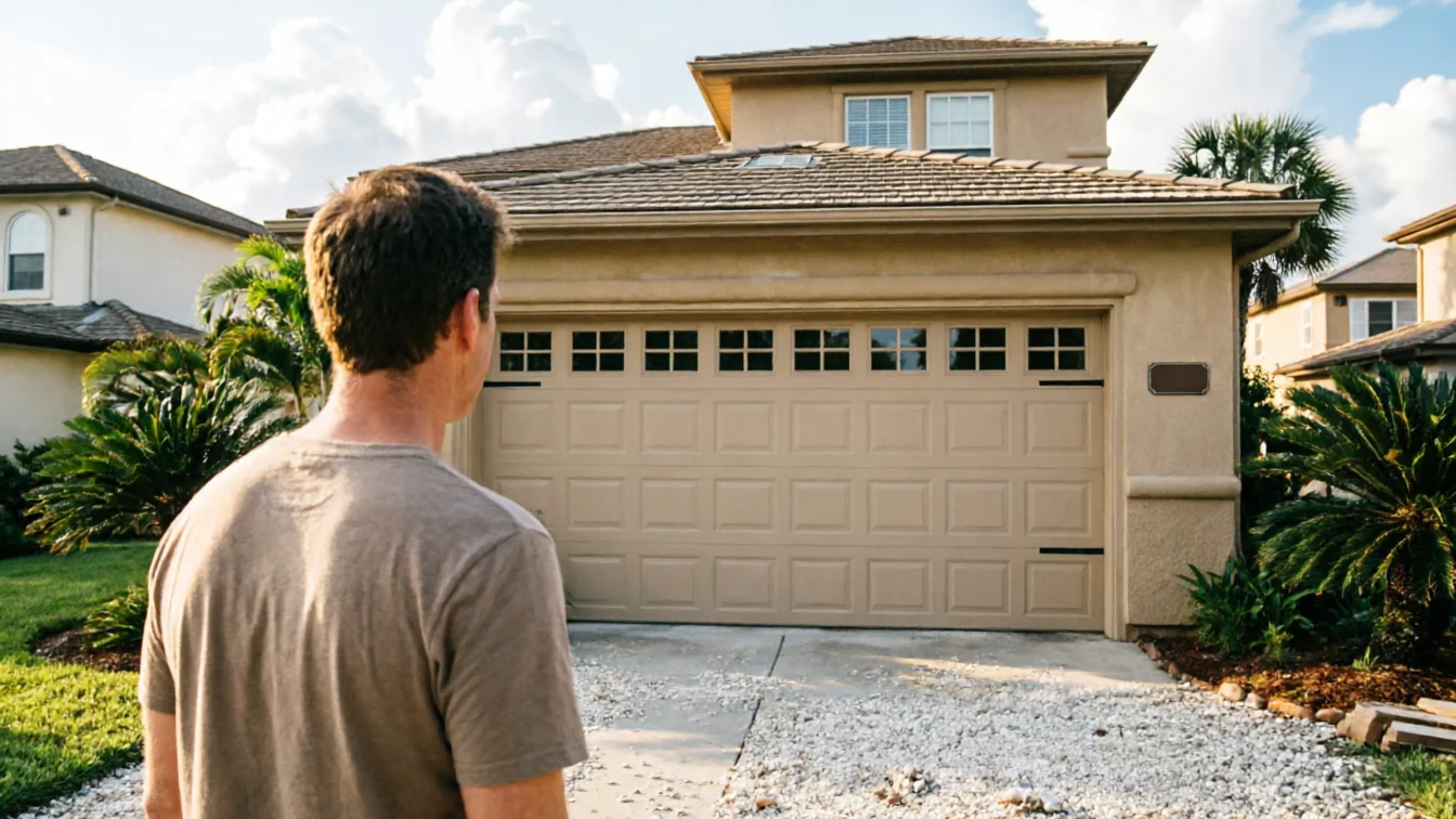 A man stands facing a tan garage door with windows on a sunny day.