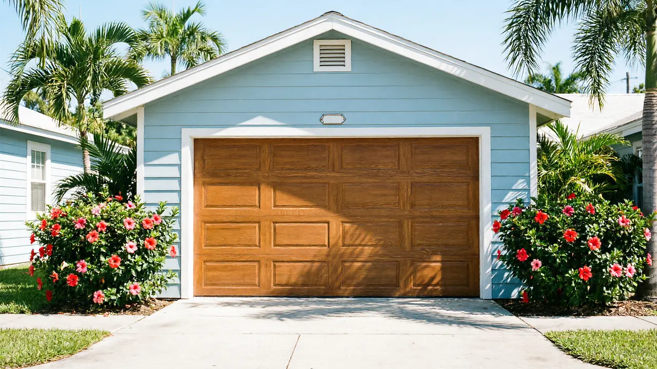 The house has light blue siding, a brown garage door, and red hibiscus bushes.