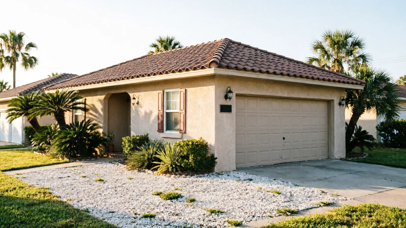 The house has a beige garage door, a tiled roof, and palm trees.