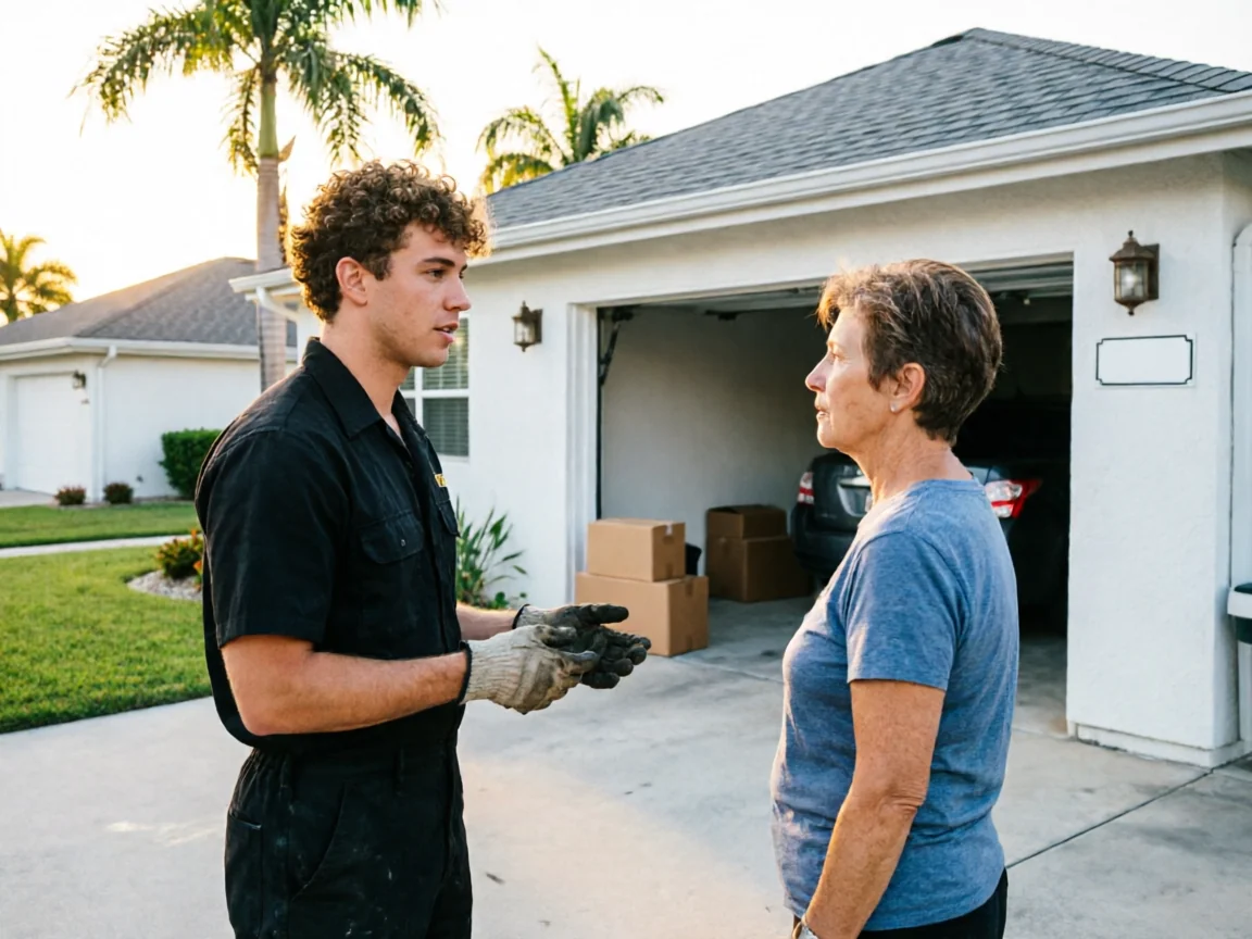 A technician in work clothes talks to a woman in front of a house.