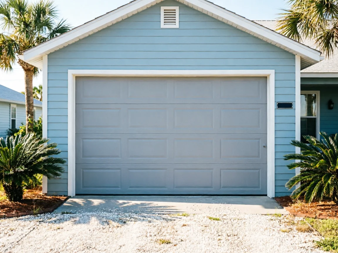 A light blue house has a gray garage door and a gravel driveway.
