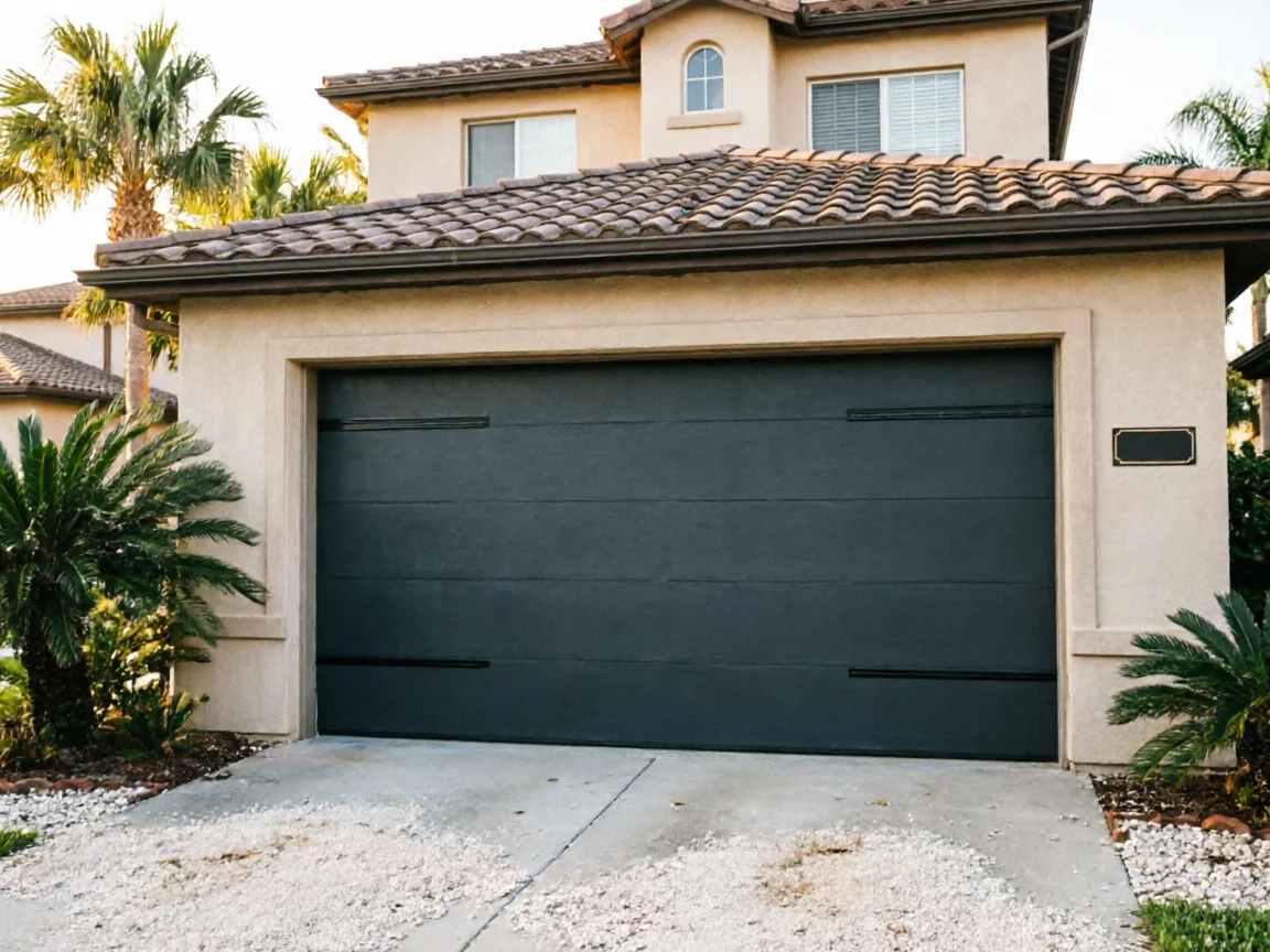 A dark gray garage door is on a tan house with a tiled roof.