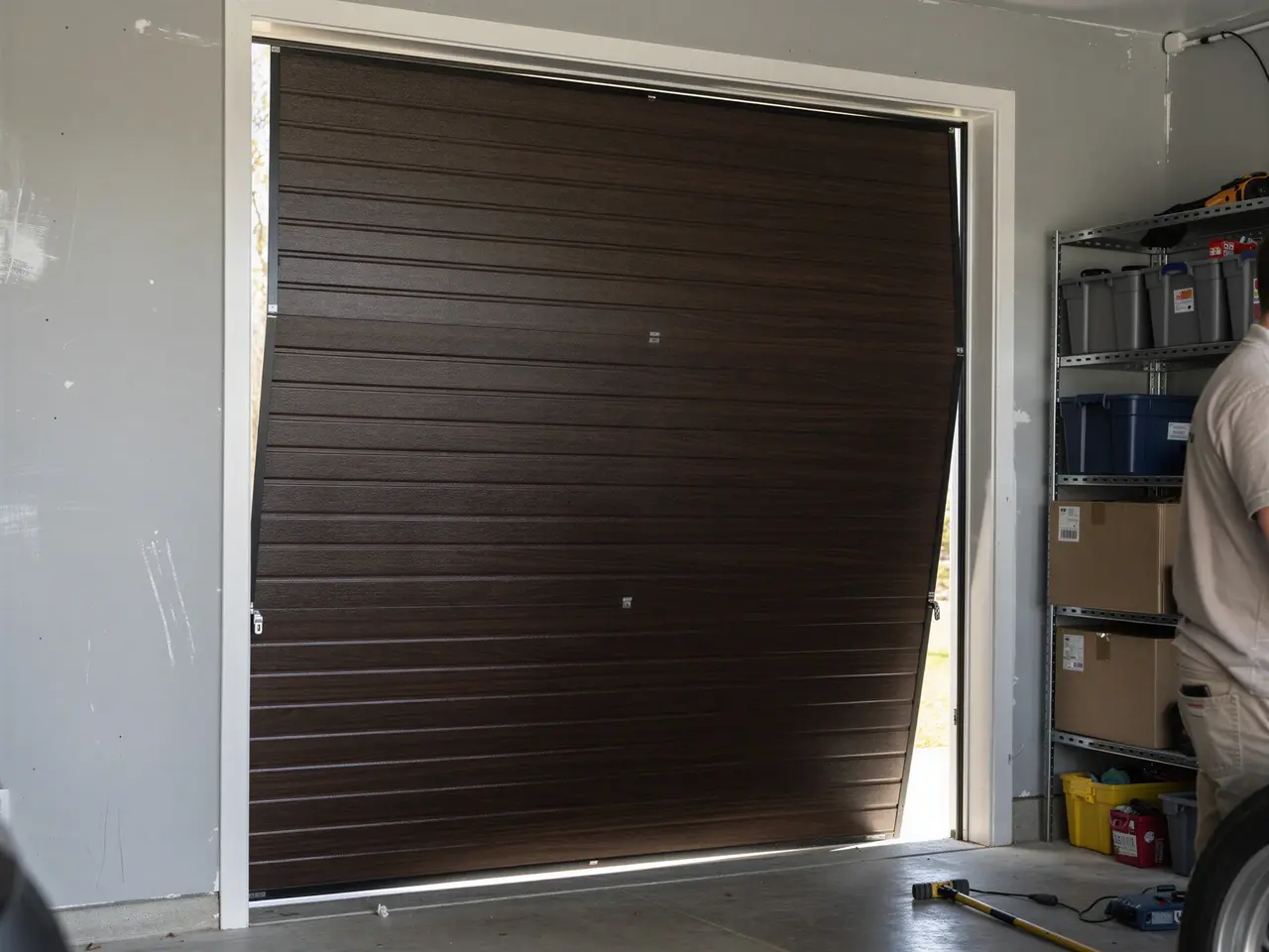 A dark brown garage door is partially open and tilted to the right.