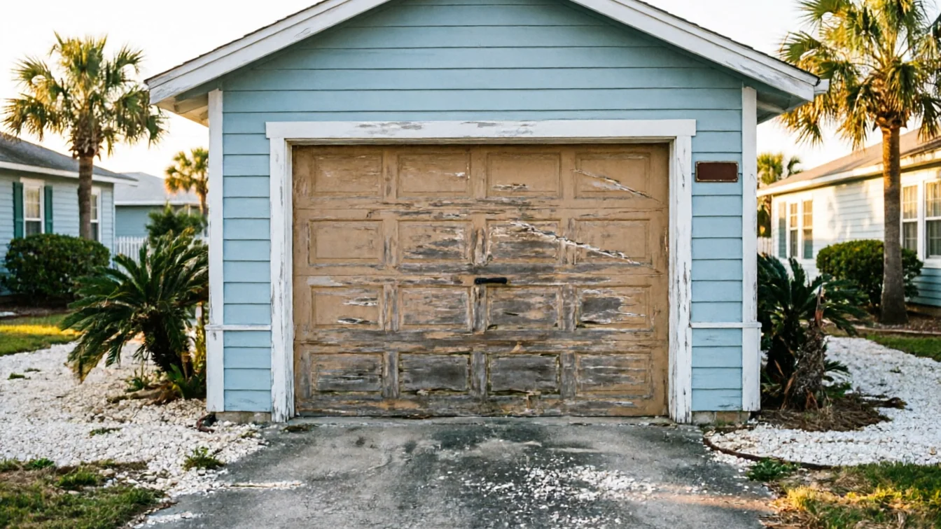 The garage door on a light blue house has peeling paint and a broken panel.