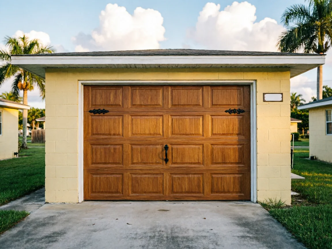 A single brown garage door is set into a yellow block building.